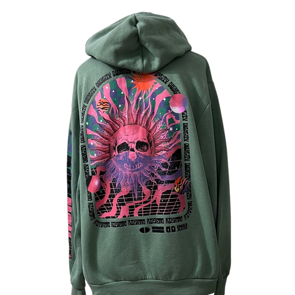Chemistry Sage Green Trippy Skull Graphic Hoodie Psychedelic Streetwear Large